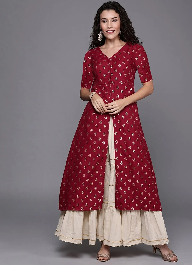 kurti-Women’s Elegant Floral Print Rayon Kurti